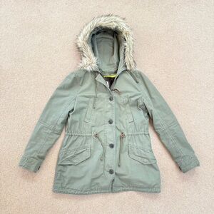 Gap Y2K Olive Green Field Jacket Parka Removable Liner Faux Fur Trim Hooded Sm